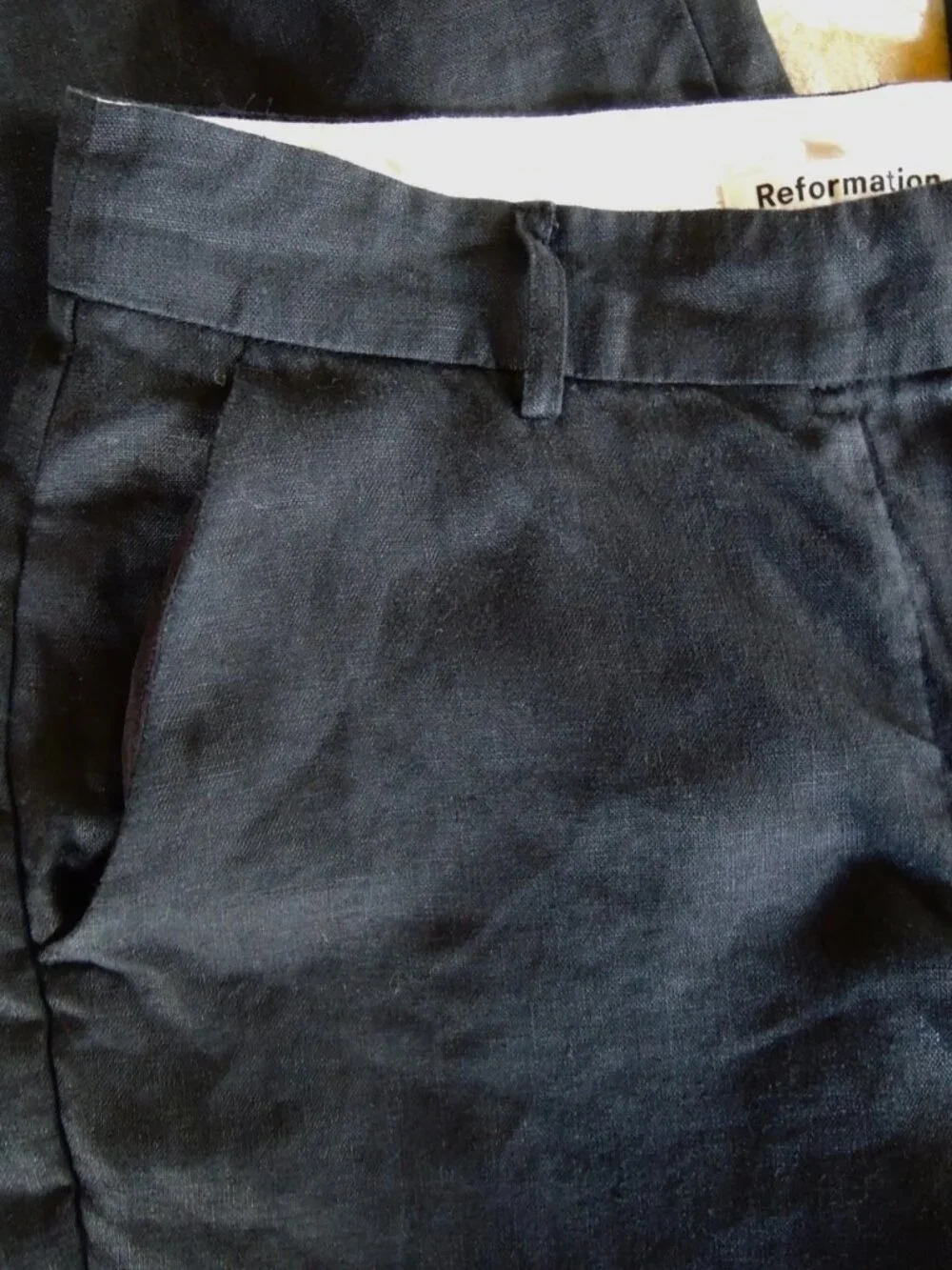 Reformation Black 100% Linen Mid Rise Flat Front Zip-Up Pants 6